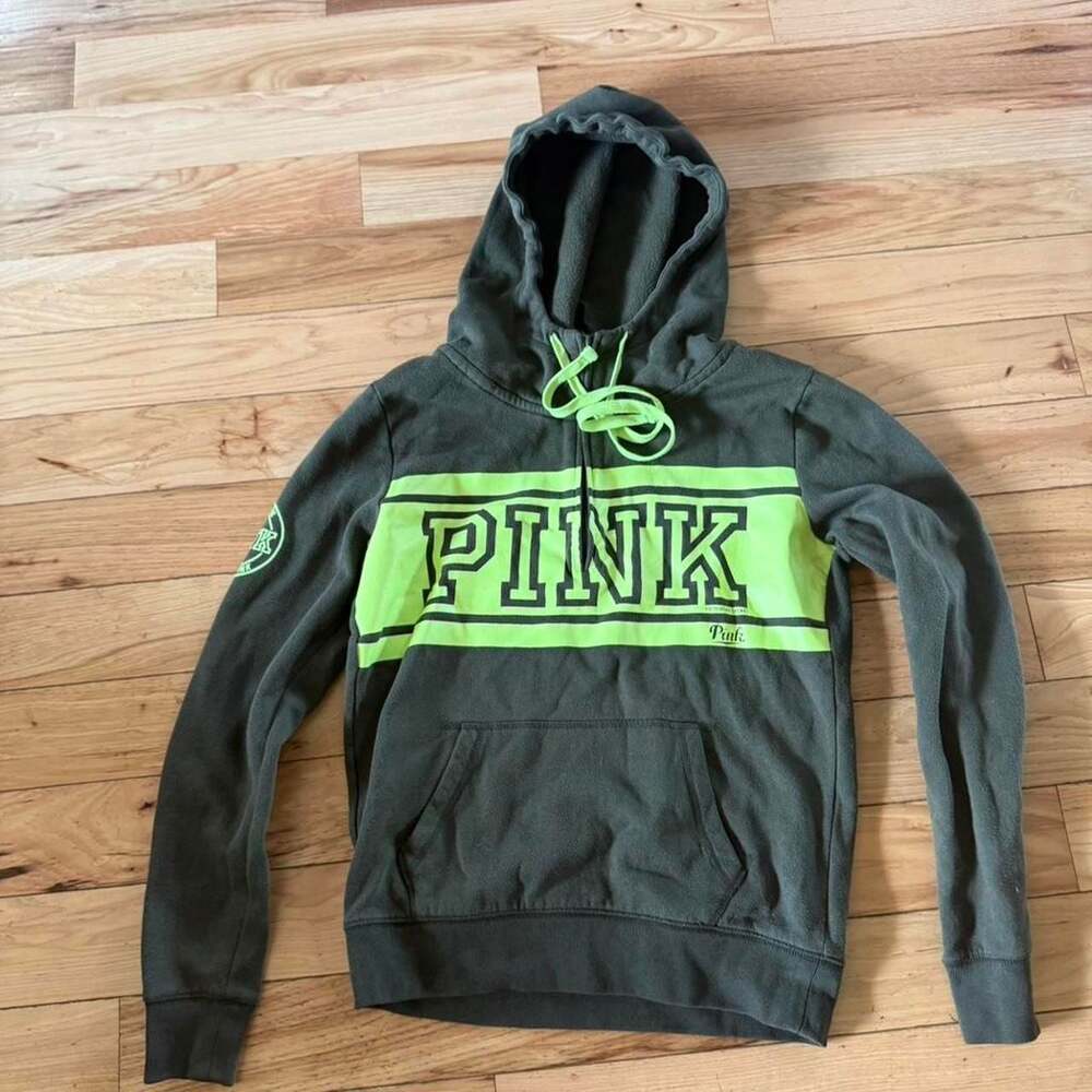 Victoria's Secret PINK Olive Green Neon Logo Pullover Hoodie XS